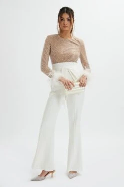 RAISA Pearl Embellished Feather Cuff Jumpsuit In White -Lavish Alice LA 272JS68 WHT 6297