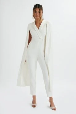 RAYNA Longline Cape Tailored Jumpsuit In White -Lavish Alice LA 272JS78 WHT 6760