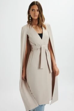 ALEXIA Longline Belted Cape Blazer In Stone -Lavish Alice LA 272JT77 BEI 7555