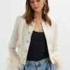 LARIA Sequin Boucle Cropped Jacket With Feather Cuffs In Beige -Lavish Alice LA 272JT83 BEI 7468