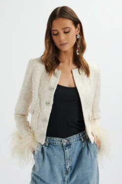 LARIA Sequin Boucle Cropped Jacket With Feather Cuffs In Beige