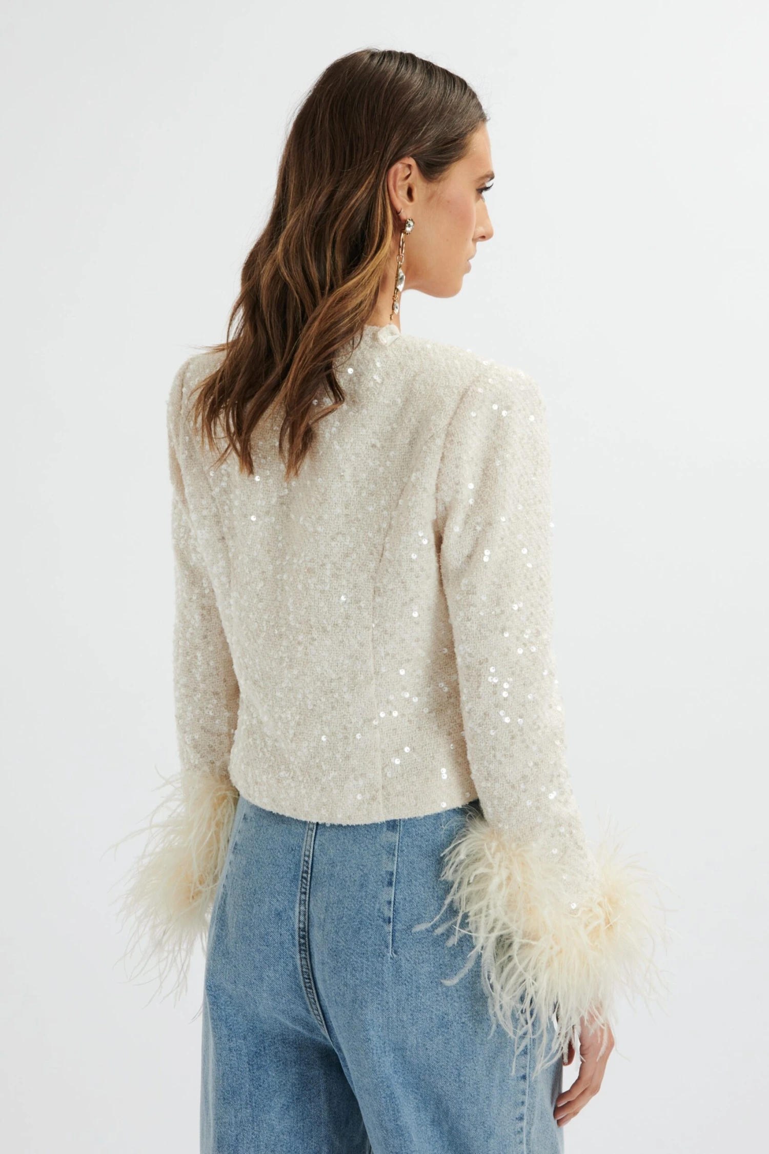 LARIA Sequin Boucle Cropped Jacket With Feather Cuffs In Beige 6 LARIA Sequin Boucle Cropped Jacket With Feather Cuffs In Beige - Image 4