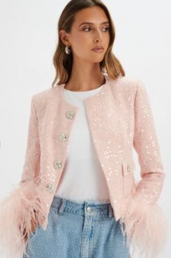 LARIA Sequin Boucle Jacket With Feather Cuffs In Pink