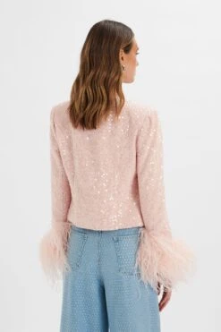 LARIA Sequin Boucle Jacket With Feather Cuffs In Pink -Lavish Alice LA 272JT83 PNK 3724