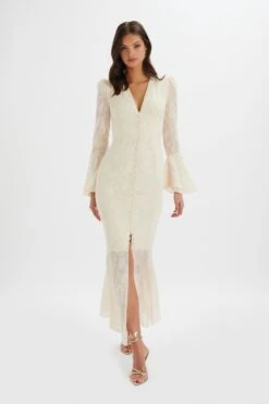 LAUREN Fluted Sleeve Maxi Dress In Cream Floral Textured Chiffon