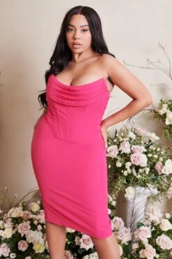 ELIZA Curve Strapless Cowl Corset Midi Dress In Magenta Pink -Lavish Alice LA SPRING22 CAMPAIGN 113683