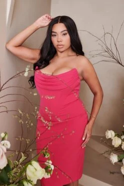 Lavish Alice 11 ELIZA Curve Strapless Cowl Corset Midi Dress In Magenta Pink