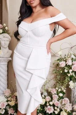 EDEN Curve Off Shoulder Ruffle Midi Dress In White -Lavish Alice LA SPRING22 CAMPAIGN 114241