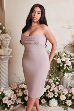 MARIA Curve Cowl Front Bandeau Midi Pencil Dress In Stone -Lavish Alice LA SPRING22 CAMPAIGN 114497