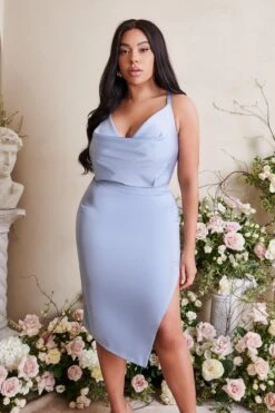 LILIANA Curve Cross Back Cowl Neck Midi Dress In Cornflower Blue