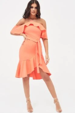 PAISLEY Bardot Frill Halterneck Midi Dress In Neon Coral -Lavish Alice LA SUMMER19 25985