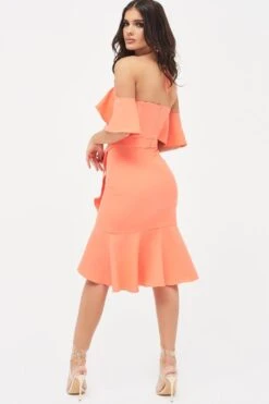PAISLEY Bardot Frill Halterneck Midi Dress In Neon Coral -Lavish Alice LA SUMMER19 26008