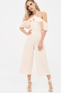 Lavish Alice 27 KENNEDY Bardot Frill Halterneck Culotte Leg Jumpsuit In Nude