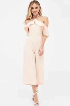 KENNEDY Bardot Frill Halterneck Culotte Leg Jumpsuit In Nude -Lavish Alice LA SUMMER19 26016