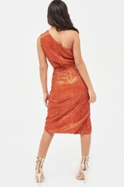 QUINN Pleated Sequin One Shoulder Cut Out Ruched Side Midi Dress In Orange 9 QUINN Pleated Sequin One Shoulder Cut Out Ruched Side Midi Dress In Orange -Lavish Alice LA SUMMER19 27597