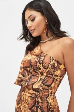 EMILIA Satin One Shoulder Cape Mini Dress In Golden Yellow Snake Print -Lavish Alice LA SUMMER19 29368