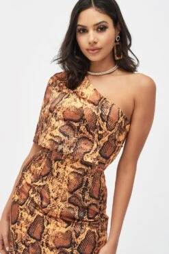 EMILIA Satin One Shoulder Cape Mini Dress In Golden Yellow Snake Print -Lavish Alice LA SUMMER19 29371