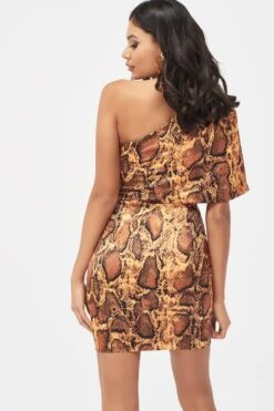 EMILIA Satin One Shoulder Cape Mini Dress In Golden Yellow Snake Print -Lavish Alice LA SUMMER19 29375