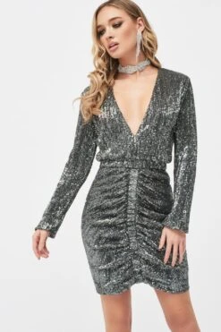 JADE Ruched Sequin Mini Dress In Grey Sequin -Lavish Alice LA SUMMER19 29464