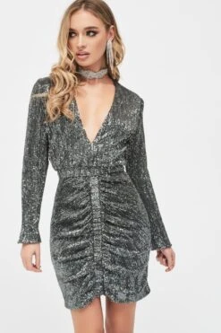 JADE Ruched Sequin Mini Dress In Grey Sequin -Lavish Alice LA SUMMER19 29472
