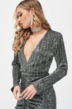 JADE Ruched Sequin Mini Dress In Grey Sequin