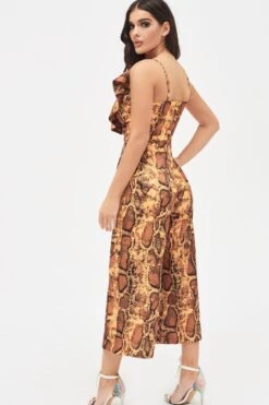 NORA Satin Frill Wrap Culotte Jumpsuit In Golden Yellow Snake Print -Lavish Alice LA SUMMER19 29854
