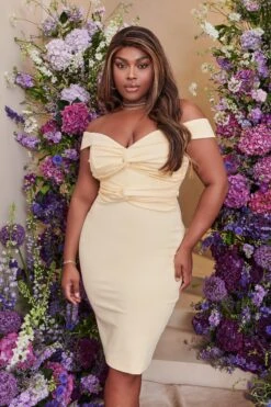 CLAIRE Curve Off Shoulder Twist Ponte Midi Dress In Butter -Lavish Alice LA SUMMER22 2518
