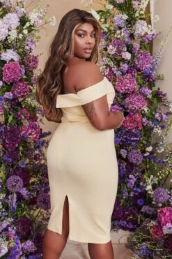 CLAIRE Curve Off Shoulder Twist Ponte Midi Dress In Butter -Lavish Alice LA SUMMER22 2549