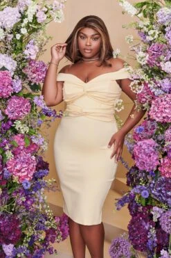 CLAIRE Curve Off Shoulder Twist Ponte Midi Dress In Butter -Lavish Alice LA SUMMER22 2566