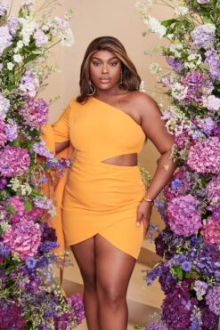RILEY Curve One Shoulder Cape Mini Dress In Mango Orange -Lavish Alice LA SUMMER22 3018