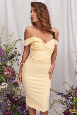 CLAIRE Off Shoulder Twist Ponte Midi Dress In Butter