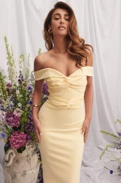 CLAIRE Off Shoulder Twist Ponte Midi Dress In Butter -Lavish Alice LA SUMMER22 5418