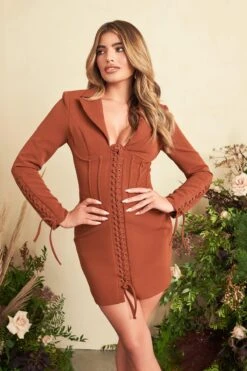 ARIANA Lace Up Corset Blazer Dress In Chocolate -Lavish Alice LA WINTER21 ECOM 76527