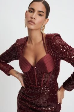 AVA Velvet Sequin And Satin Mix Mini Dress In Burgundy -Lavish Alice LA WINTER22 ECOM 15304