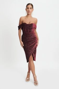 BLAKE Diamante Velvet Pleated Off Shoulder Midi Dress In Burgundy -Lavish Alice LA WINTER22 ECOM 15684