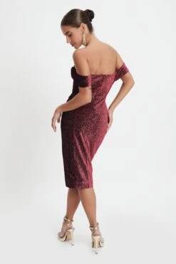 BLAKE Diamante Velvet Pleated Off Shoulder Midi Dress In Burgundy -Lavish Alice LA WINTER22 ECOM 15740