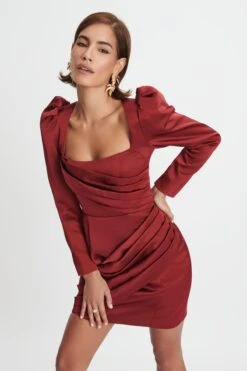 BAILEY Puff Sleeve Bonded Satin Mini Dress In Burgundy -Lavish Alice LA WINTER22 ECOM 17601