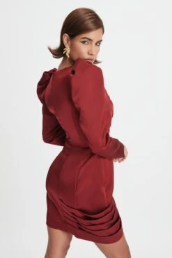 BAILEY Puff Sleeve Bonded Satin Mini Dress In Burgundy -Lavish Alice LA WINTER22 ECOM 17622