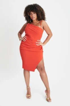 CHANTELLE Curve Asymmetric Pleat Midi Dress In Coral Red -Lavish Alice LA WINTER22 ECOM 20693