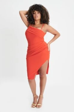 Lavish Alice 7 CHANTELLE Curve Asymmetric Pleat Midi Dress In Coral Red