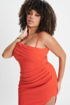 CHANTELLE Curve Asymmetric Pleat Midi Dress In Coral Red -Lavish Alice LA WINTER22 ECOM 20740