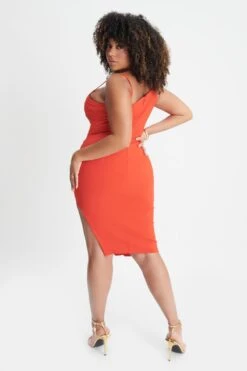 CHANTELLE Curve Asymmetric Pleat Midi Dress In Coral Red -Lavish Alice LA WINTER22 ECOM 20751