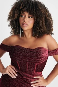BLAKE Curve Diamante Velvet Pleated Off Shoulder Midi Dress In Burgundy -Lavish Alice LA WINTER22 ECOM 20956