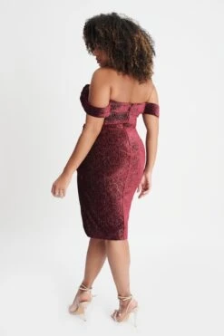 BLAKE Curve Diamante Velvet Pleated Off Shoulder Midi Dress In Burgundy -Lavish Alice LA WINTER22 ECOM 20968
