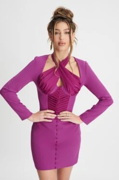 KALI Satin Mix Halterneck Mini Dress In Purple -Lavish Alice LA WINTER22 ECOM 21667