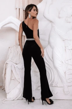 LIV Flower Velvet Fit & Flare Jumpsuit With Diamanté Belt In Black -Lavish Alice LIV 3