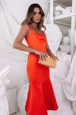 LAINEY Stitch Detail Midi Slip Dress In Coral Red -Lavish Alice Laineydeepred4