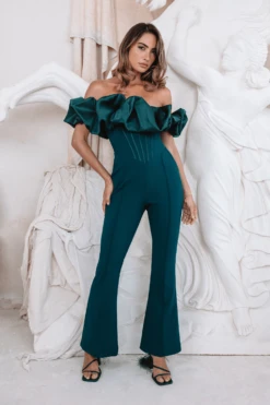 MARIAH Satin Mix Puff Bardot Jumpsuit In Emerald Green -Lavish Alice MARIAH 2