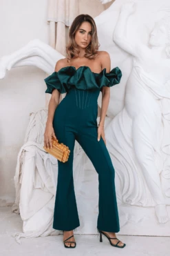 MARIAH Satin Mix Puff Bardot Jumpsuit In Emerald Green -Lavish Alice MARIAH 3