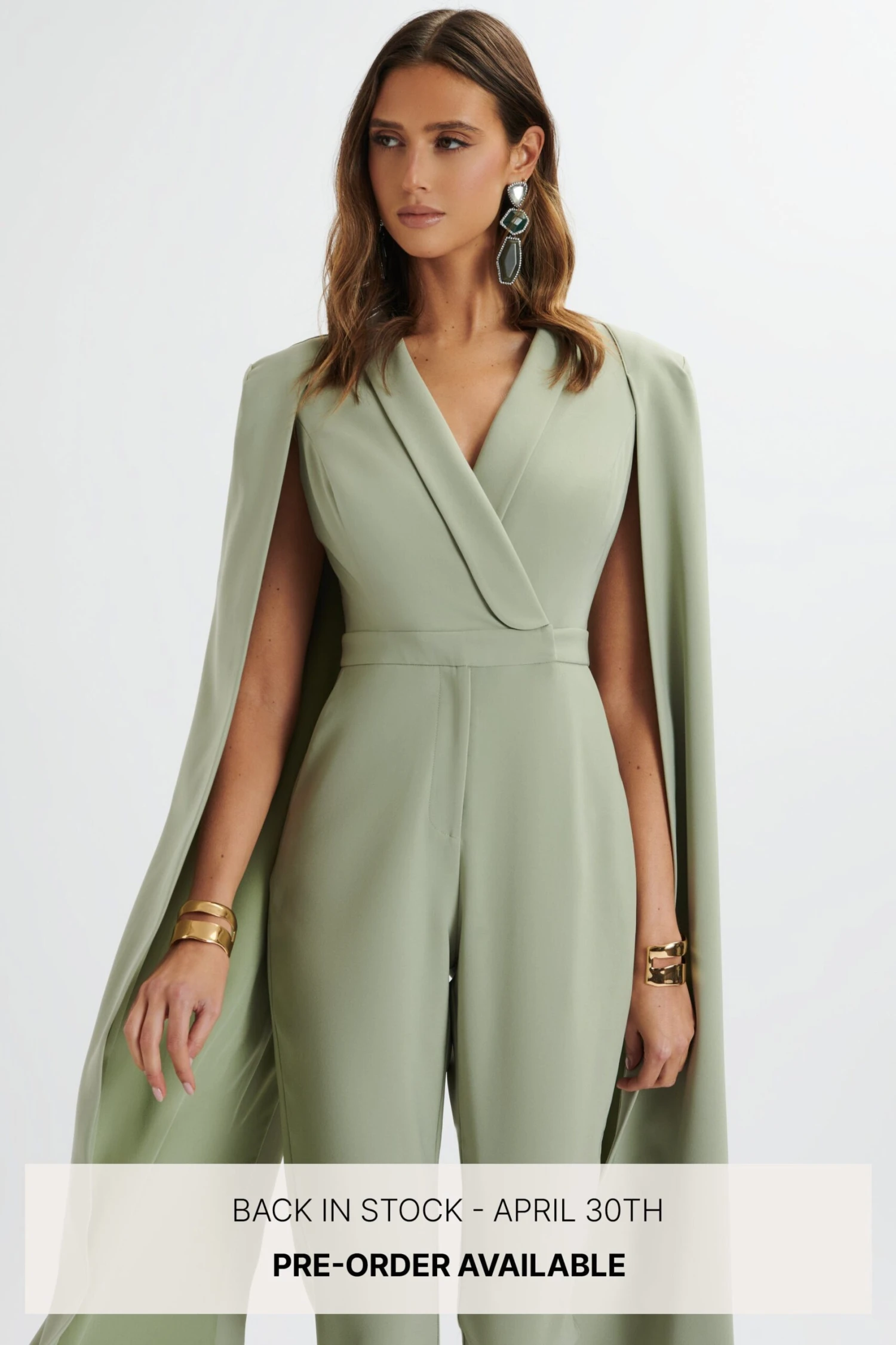 RAYNA Longline Cape Tailored Jumpsuit In Sage Green 3 RAYNA Longline Cape Tailored Jumpsuit In Sage Green